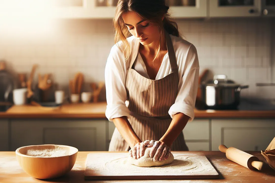A woman kneading dough in a kitchen